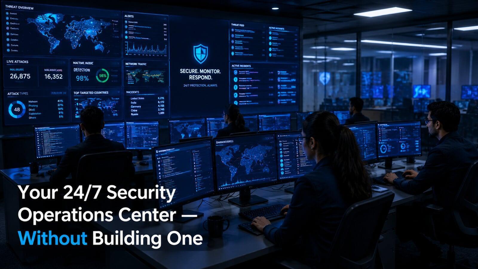 Professional Security Operations Center with analysts monitoring live cyber threats — 24/7 managed security services