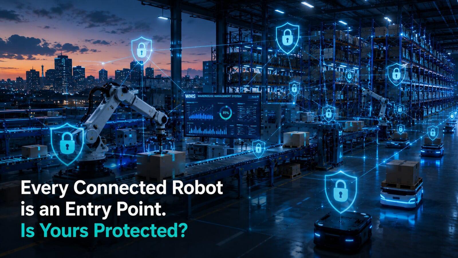 Automated warehouse with cybersecurity network overlay protecting IoT devices, robots, and WMS platforms