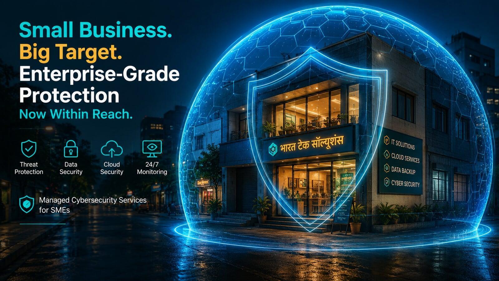 Small and medium Indian business protected by a digital security shield — managed cybersecurity services for SMEs