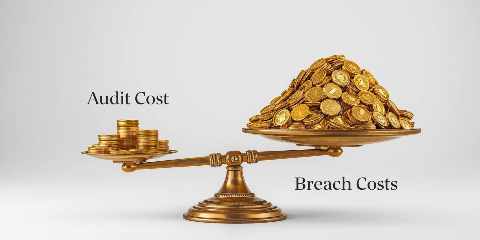Balance scale comparing small “Audit Cost” stack against huge “Breach Costs,” illustrating cybersecurity audit savings, risk reduction, and cost efficiency.