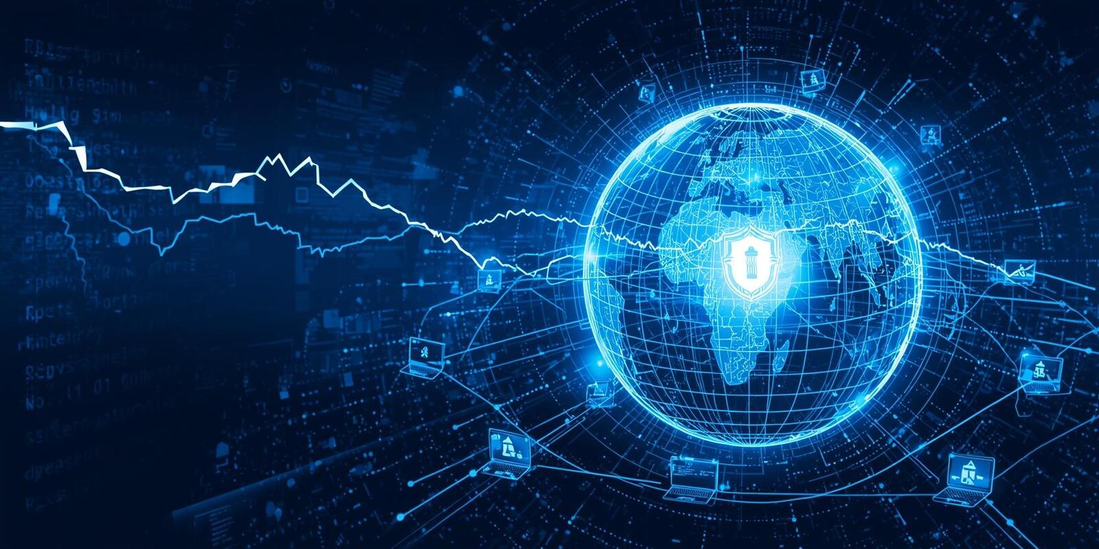 India IT/ITES sector cybersecurity concept with digital globe, network lines, laptops, servers, and shield showing global outsourcing and data security risks.