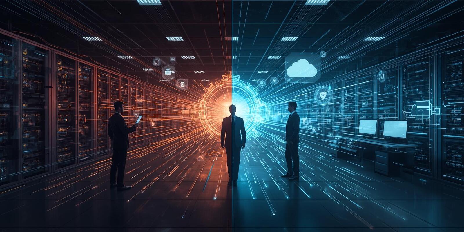 Corporate IT infrastructure split between outdated legacy servers with vulnerabilities and secure modern cloud systems, integrated by cybersecurity professionals using holographic tools, penetration testing, and CERT-In compliance frameworks.
