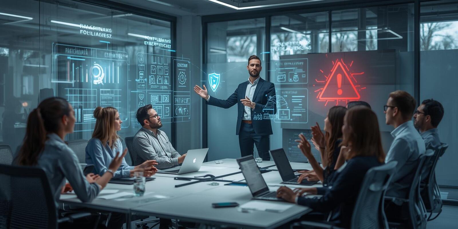 Employees in a modern office participating in cybersecurity awareness training with phishing simulations, compliance checklists, and a glowing shield symbolizing leadership, secure culture, and CERT-In compliance awareness.