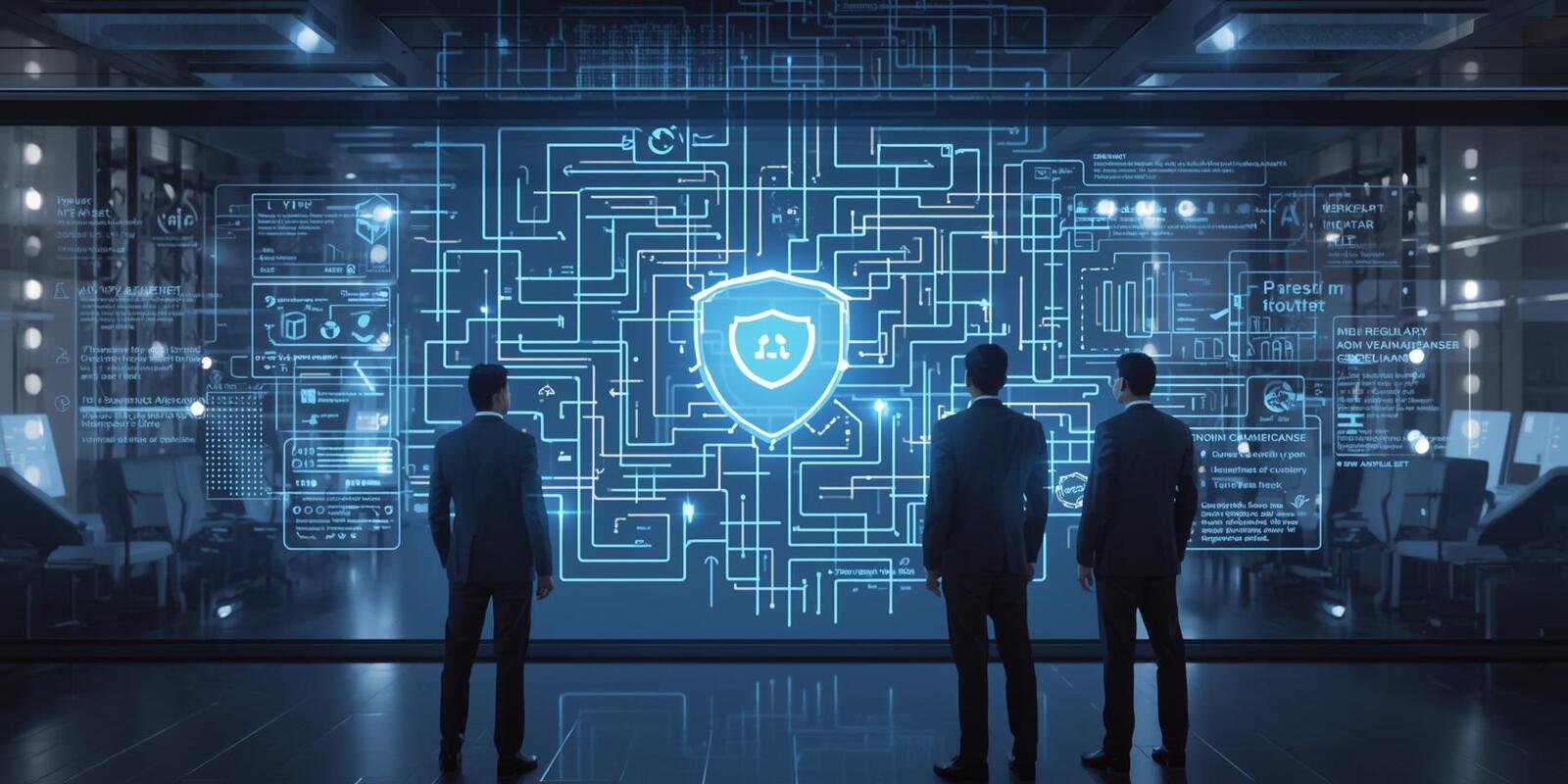 Business professionals in a futuristic corporate office navigating a glowing digital maze of CERT-In compliance rules, cyber threat alerts, and evolving regulations, guided by a digital shield symbolizing proactive cybersecurity governance.