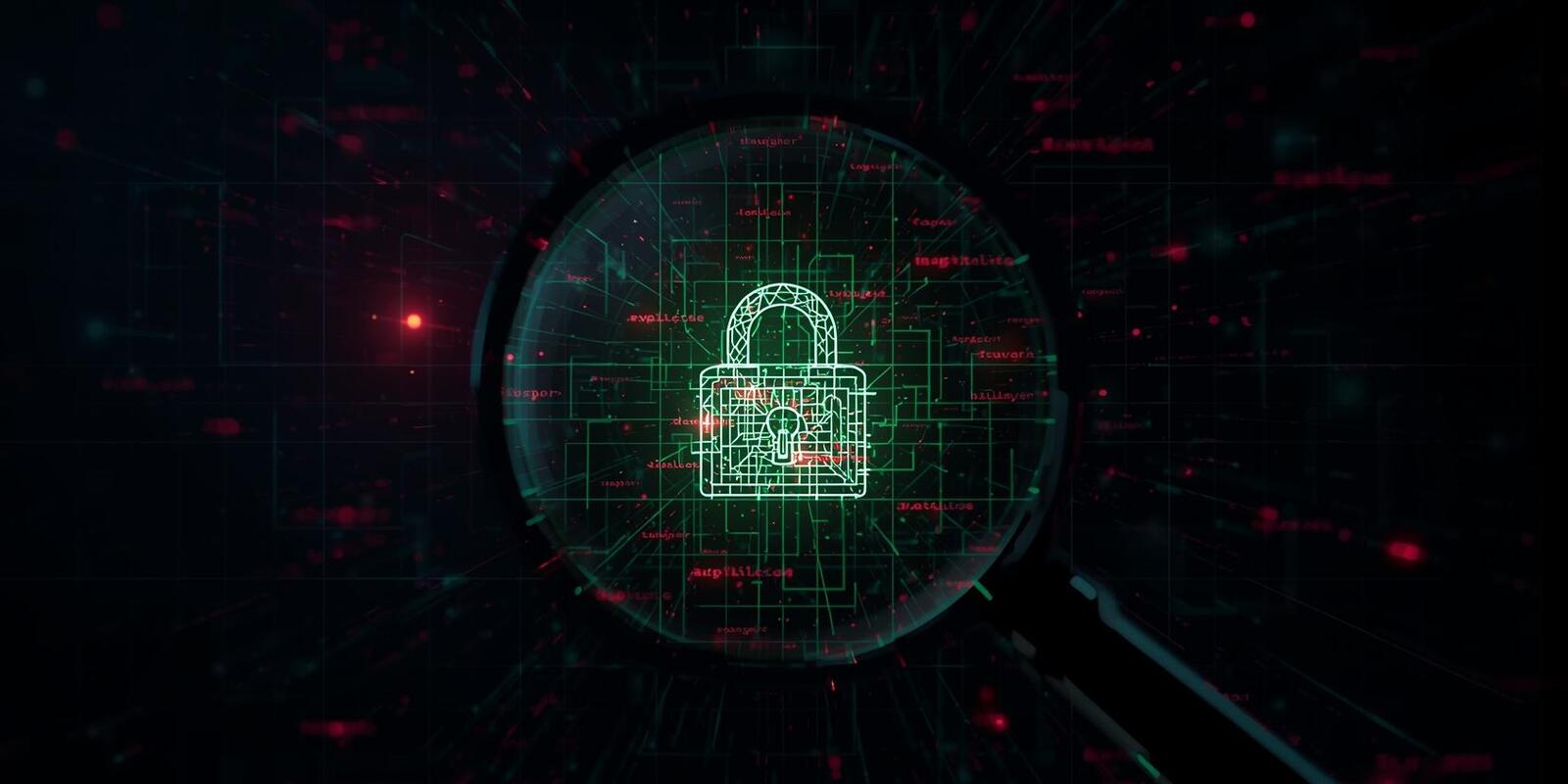 Cybersecurity concept showing a magnifying glass over a digital lock with red vulnerabilities turning green on a network grid, symbolizing threat detection and patch management.