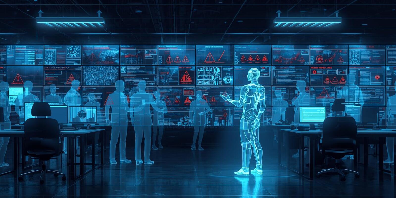 Corporate IT team struggling with multiple compliance alerts and cyber threats on holographic screens, supported by a glowing digital cybersecurity consultant representing managed services, training, and CERT-In compliance expertise.