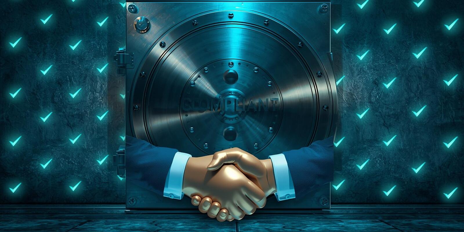 Secure vault door stamped “Compliant” surrounded by glowing checkmarks, with a handshake in front, symbolizing regulatory compliance and business trust in cybersecurity.