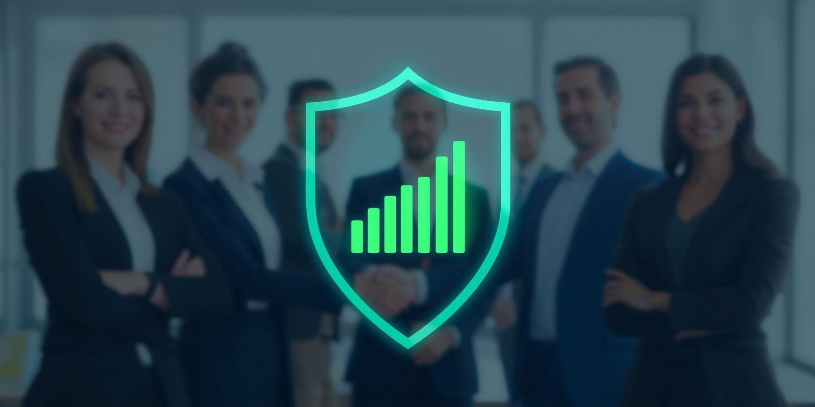 Compliance dashboard shaped like a shield with green bars showing improved security posture, while a business team shakes hands, representing data protection and risk management.
