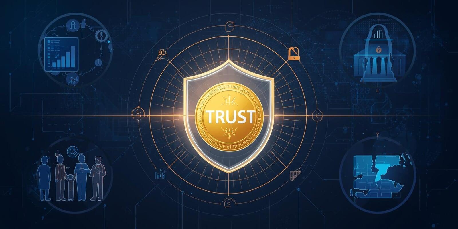 Banking and insurance cybersecurity concept with golden ‘TRUST’ coin in shield, money, family, and digital banking icons, showing data breach risk.