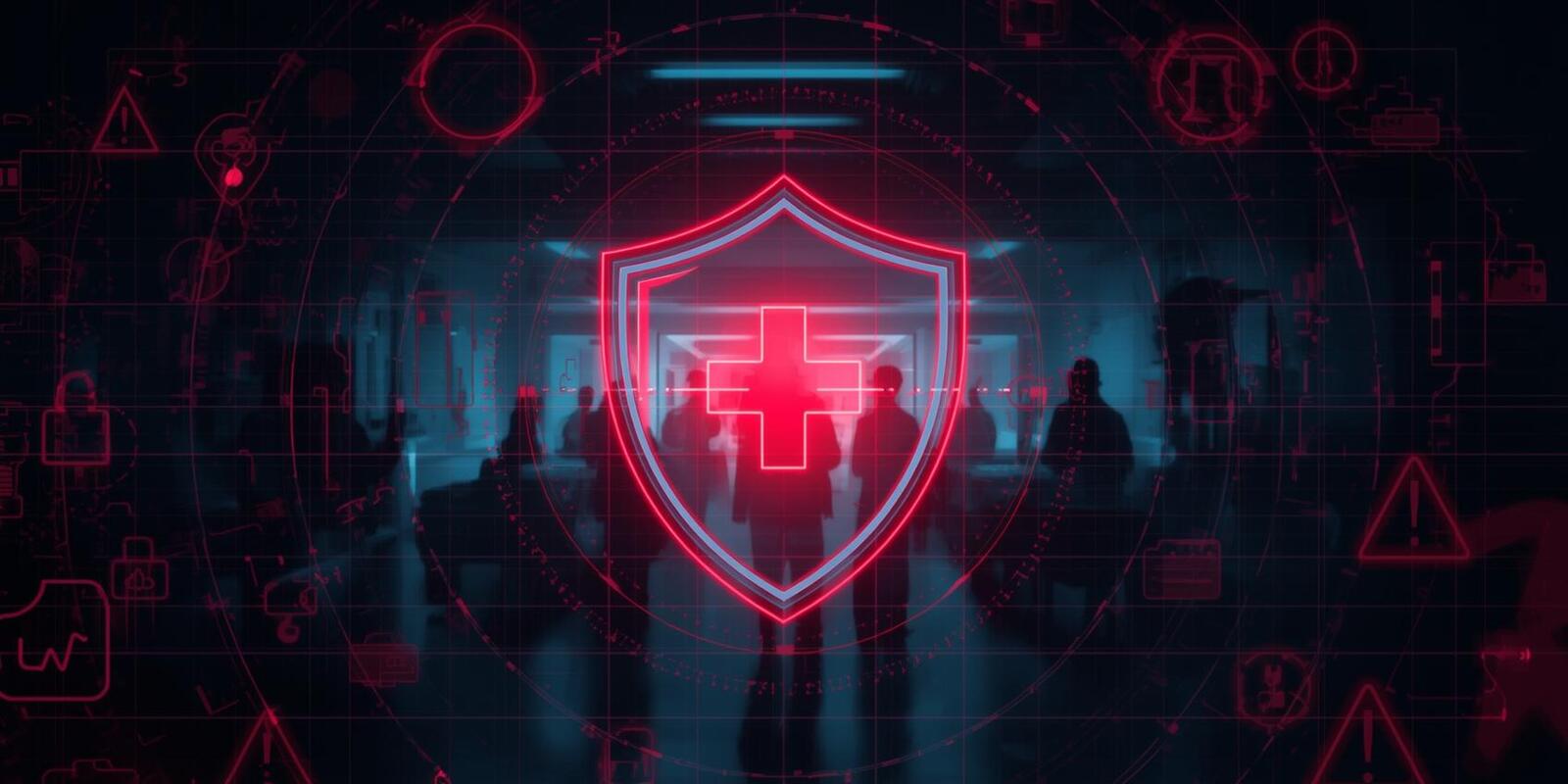 Healthcare cybersecurity illustration with hospital cross in digital shield, stethoscope, patient files, ransomware warning, and data protection theme.
