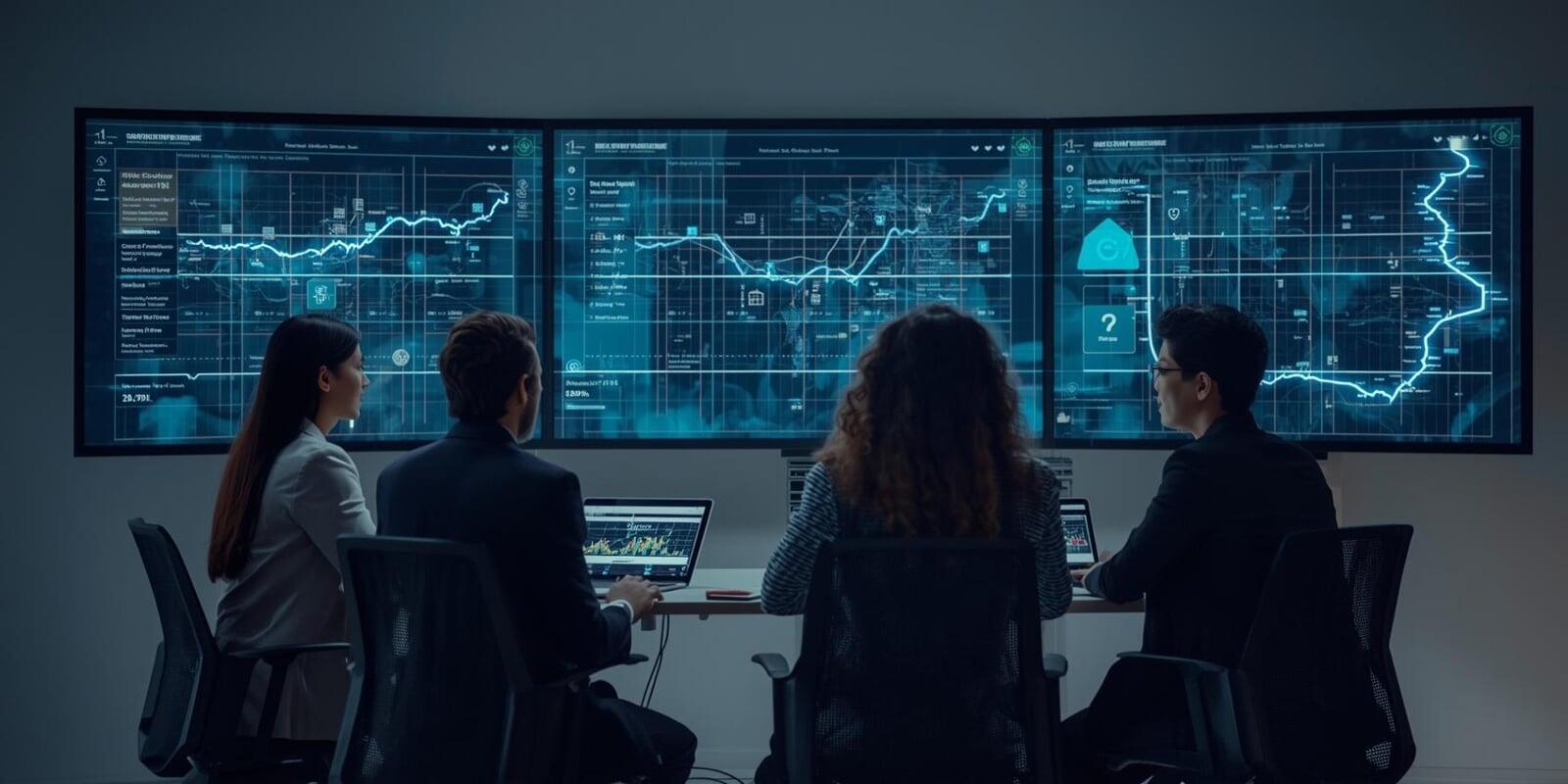 Team in cybersecurity awareness training with digital screens showing security workflows, highlighting employee education, insider threat prevention, and process improvement.