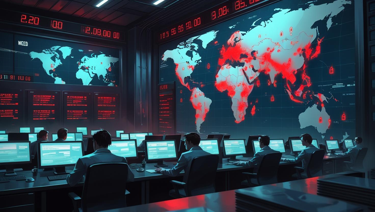 Cinematic scene of a fintech office with ticking clocks, red alert notifications on monitors, and a map displaying suspicious overseas IP logins.