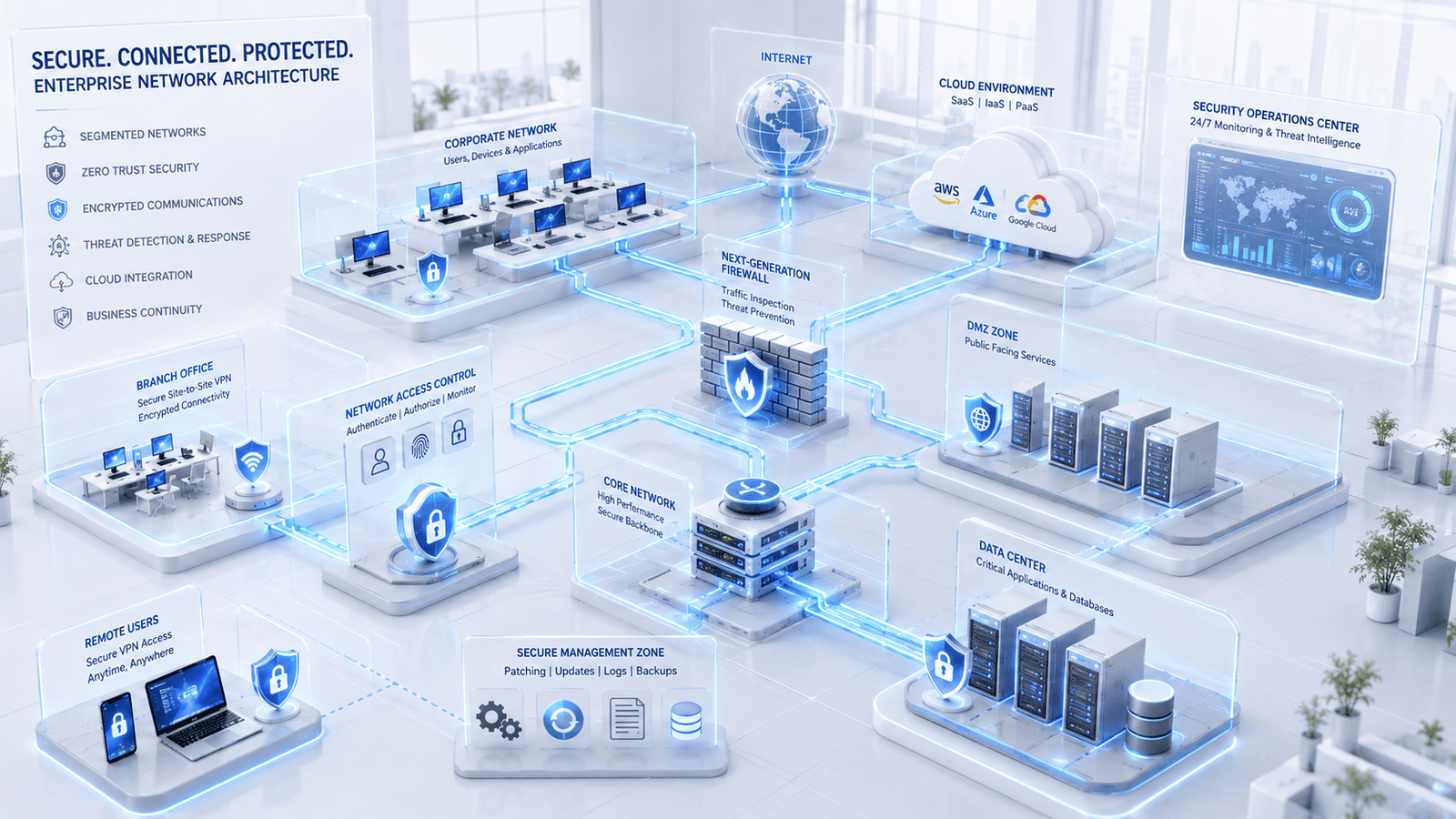 network protected with layered network security services and firewall technology.