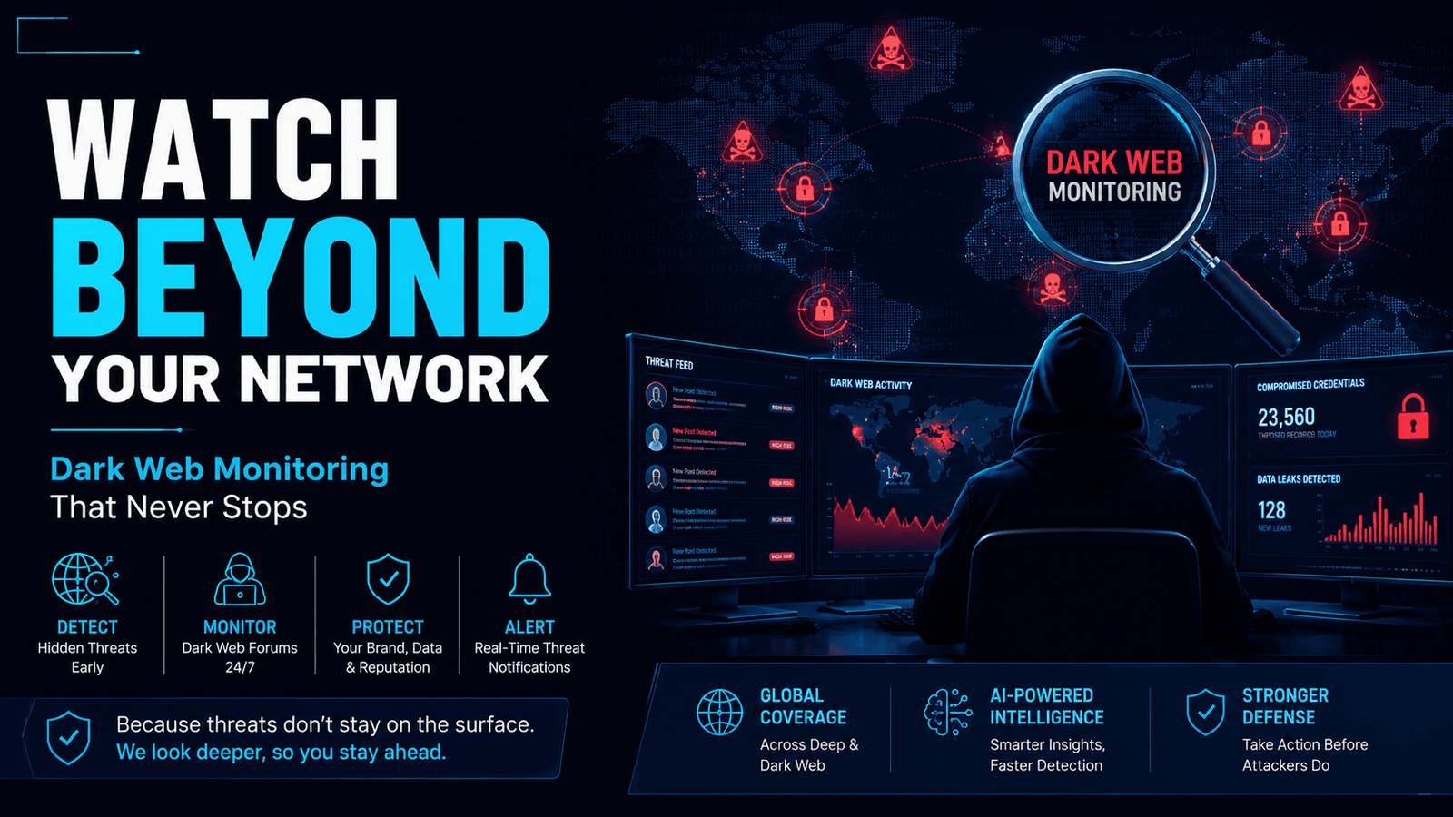 Dark web monitoring services detecting leaked credentials, cyber threats, and compromised business data in real time.