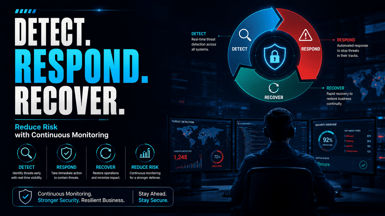 24/7 security operations center providing continuous threat monitoring, cyber incident response, and rapid business recovery.