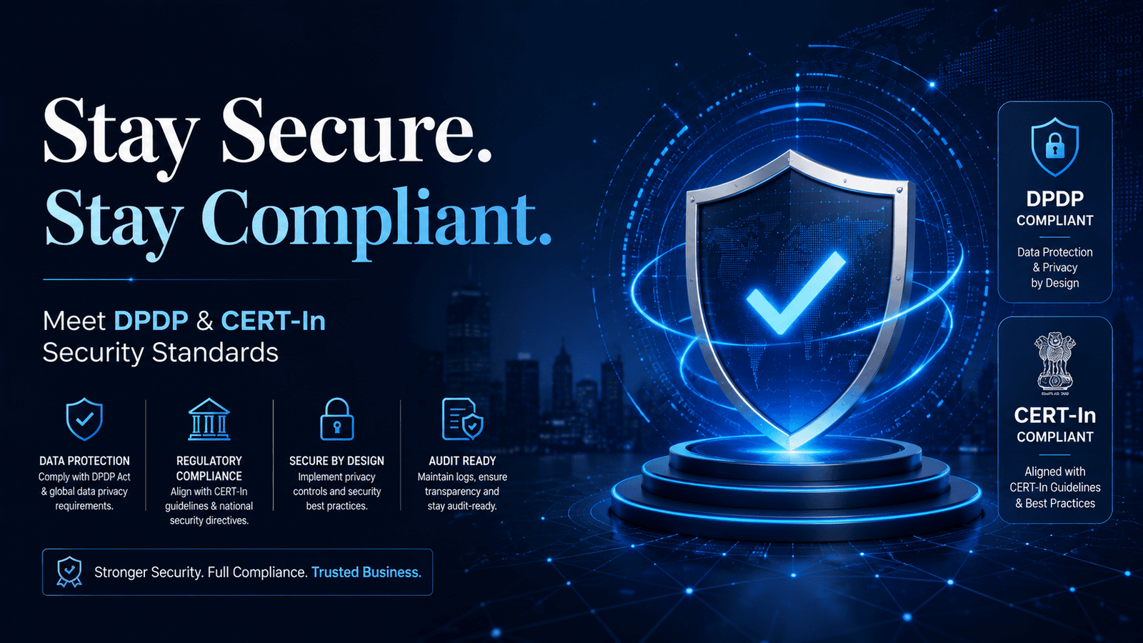 Enterprise cybersecurity compliance with DPDP Act, CERT-In guidelines, data privacy regulations, and business security standards.