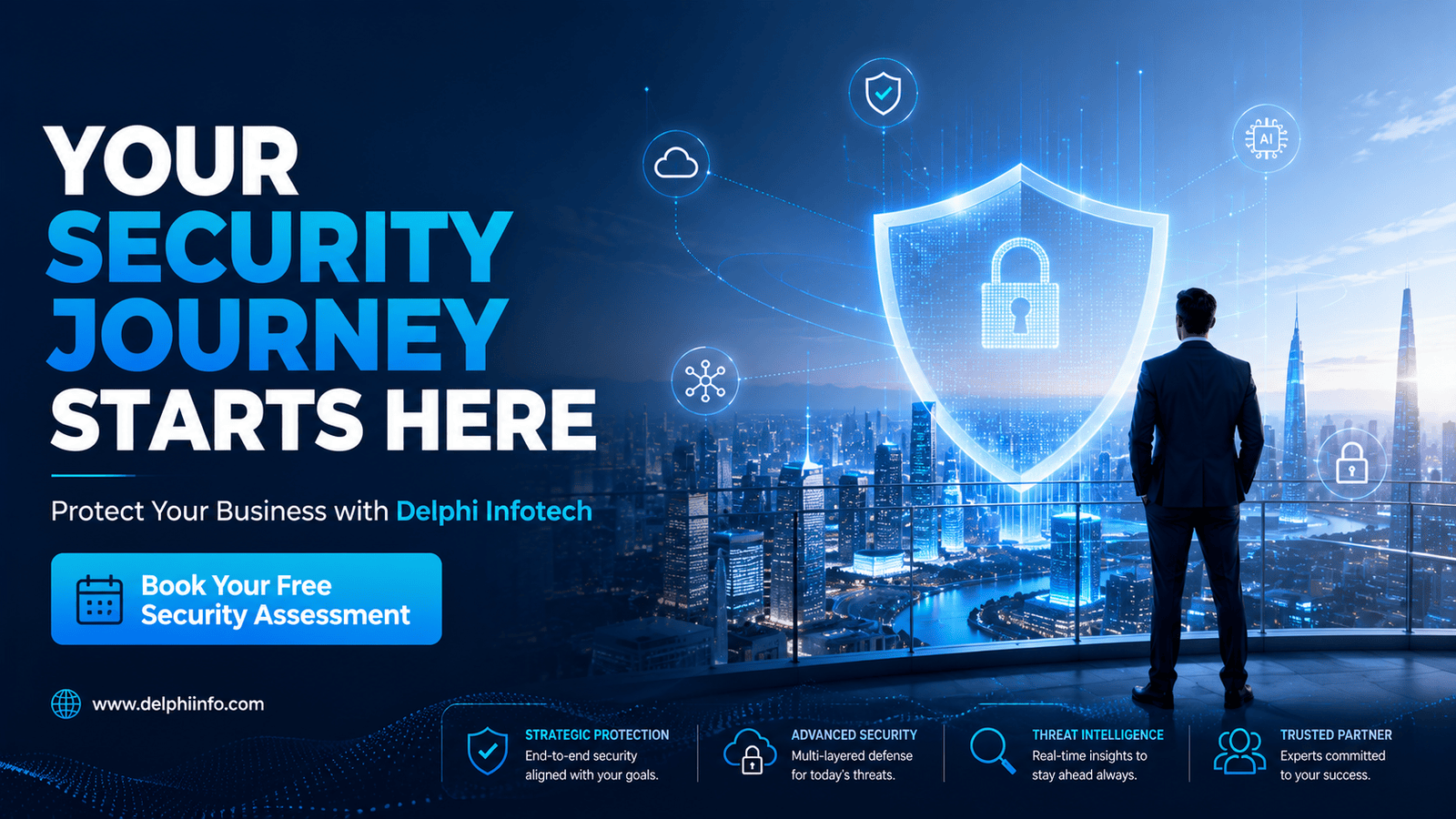 Professional cybersecurity call-to-action banner inviting businesses to book a free security assessment with Delphi Infotech.