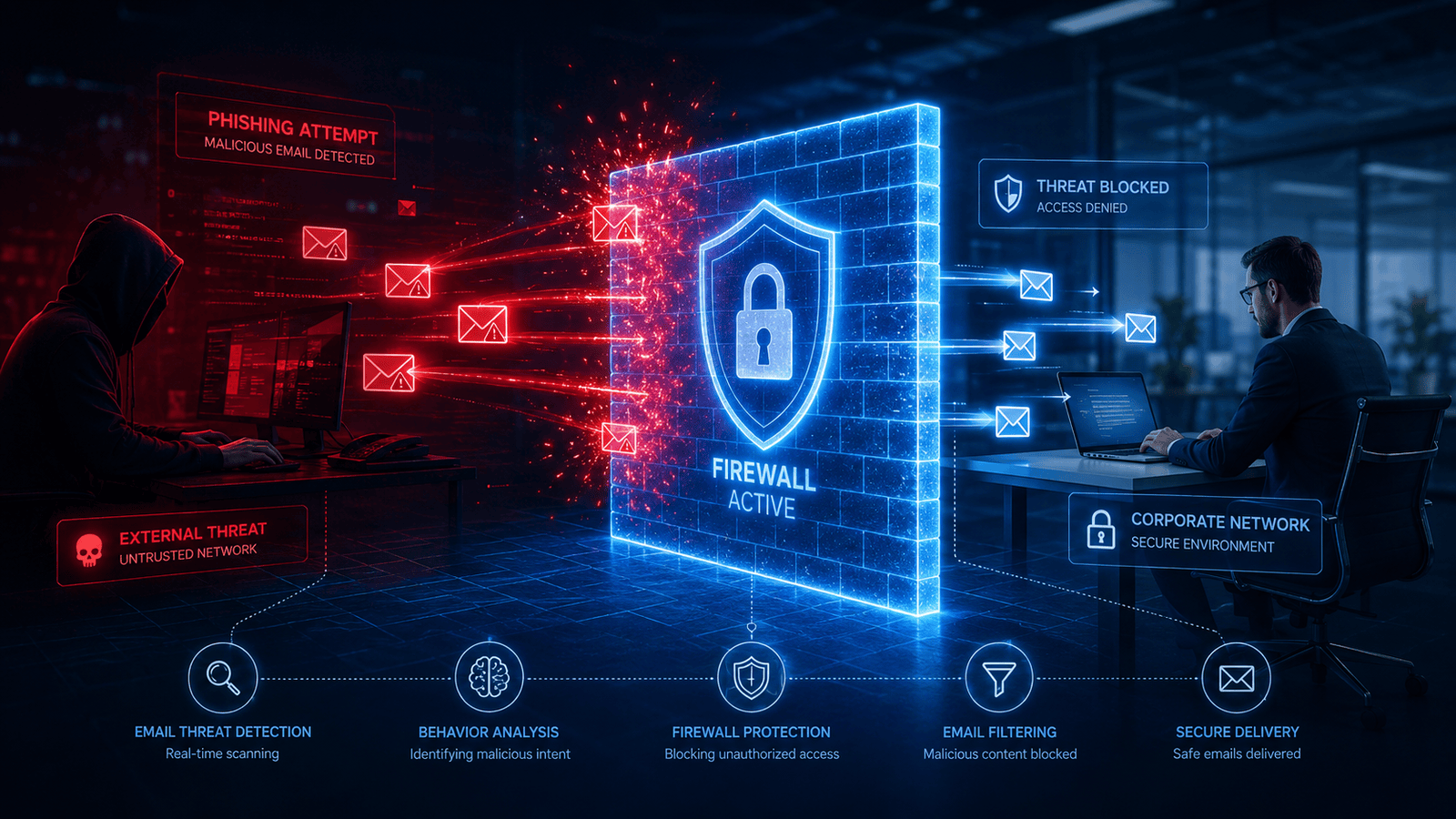 Small business owner protected by advanced email security against phishing and cyber threats.