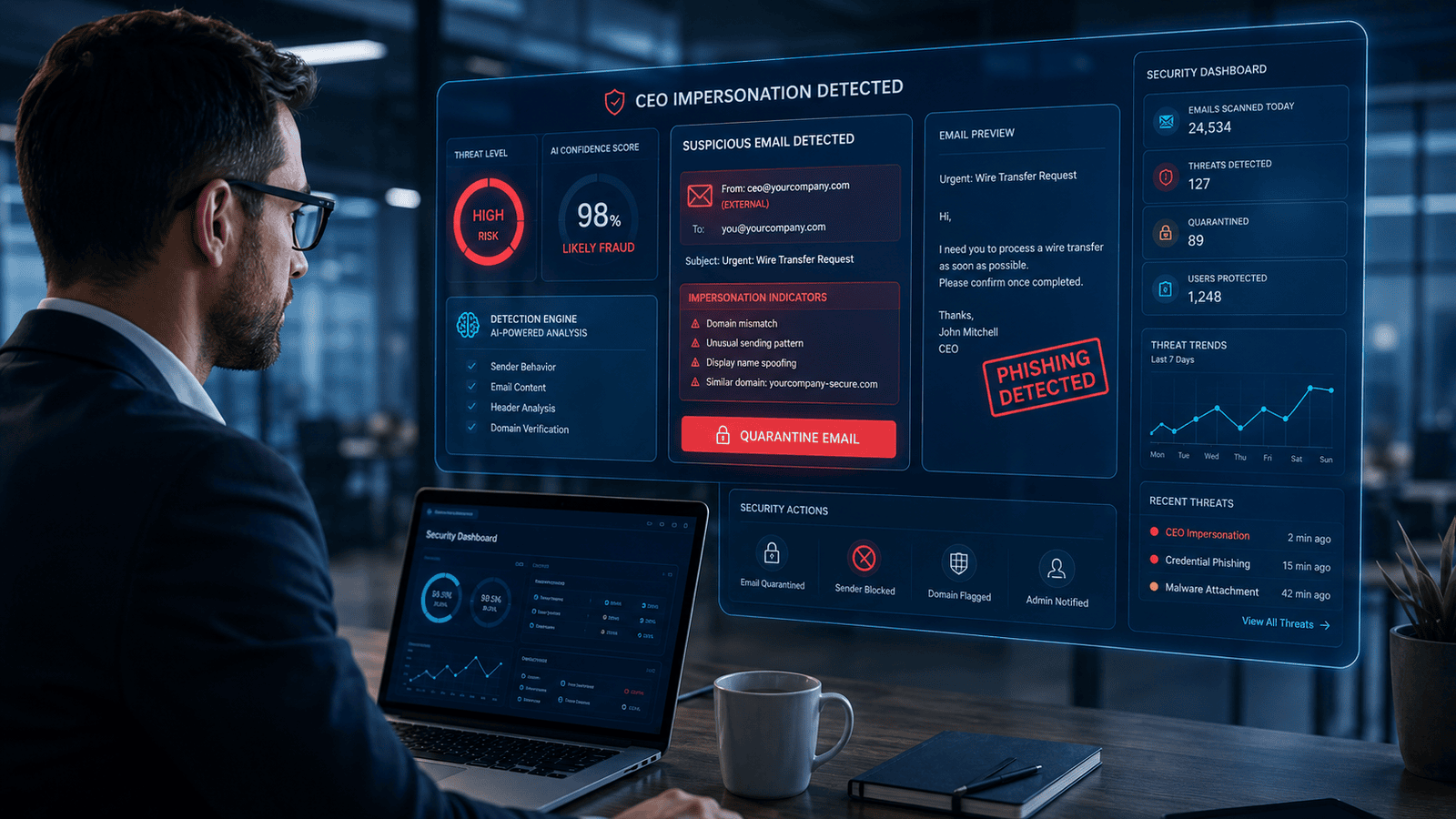 Email security system blocking phishing attacks targeting small businesses.