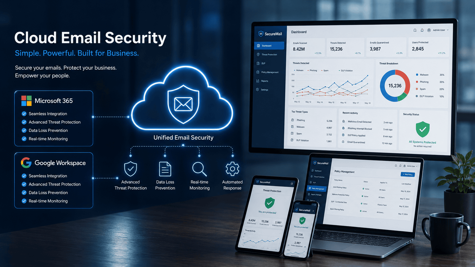 Cloud email security solution deployed across a small business environment.