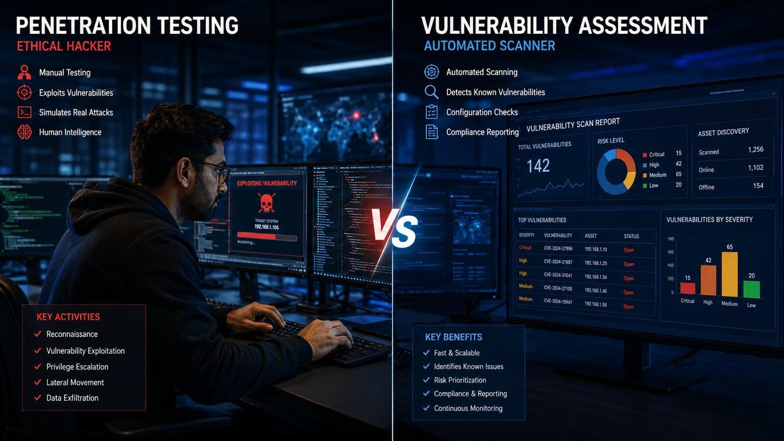 Comparison between penetration testing and vulnerability assessment methodologies.