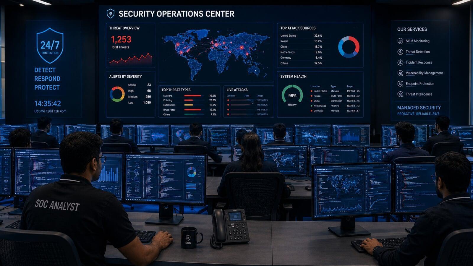 MSSP security team providing round-the-clock cybersecurity monitoring.