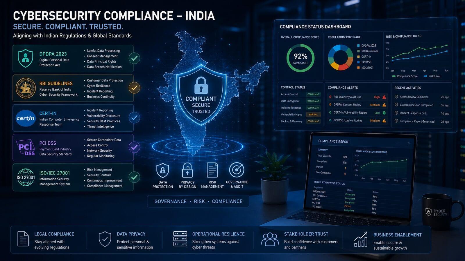 Cybersecurity compliance requirements and regulatory frameworks in India.
