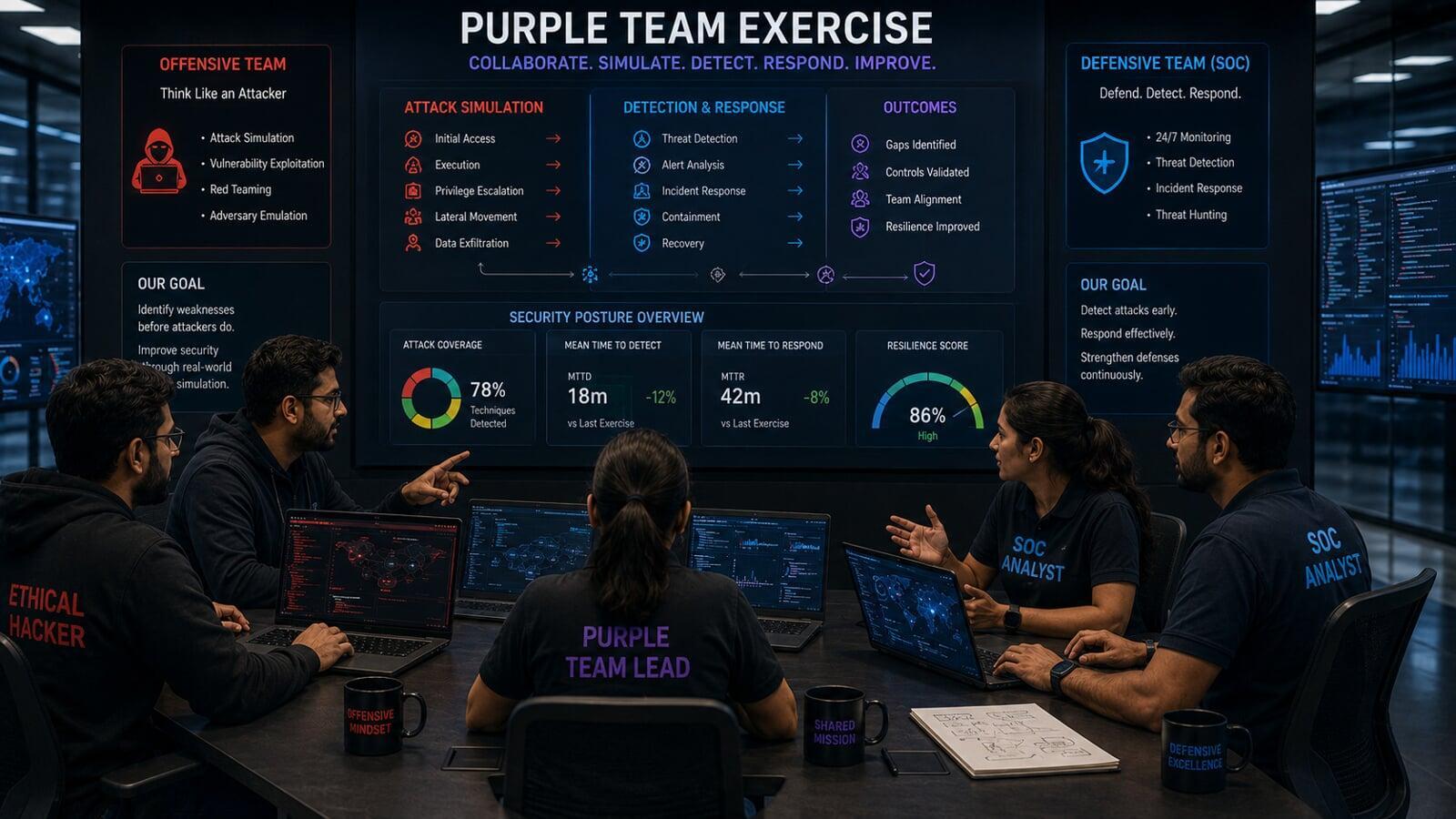 Purple team exercise between penetration testers and security operations teams.