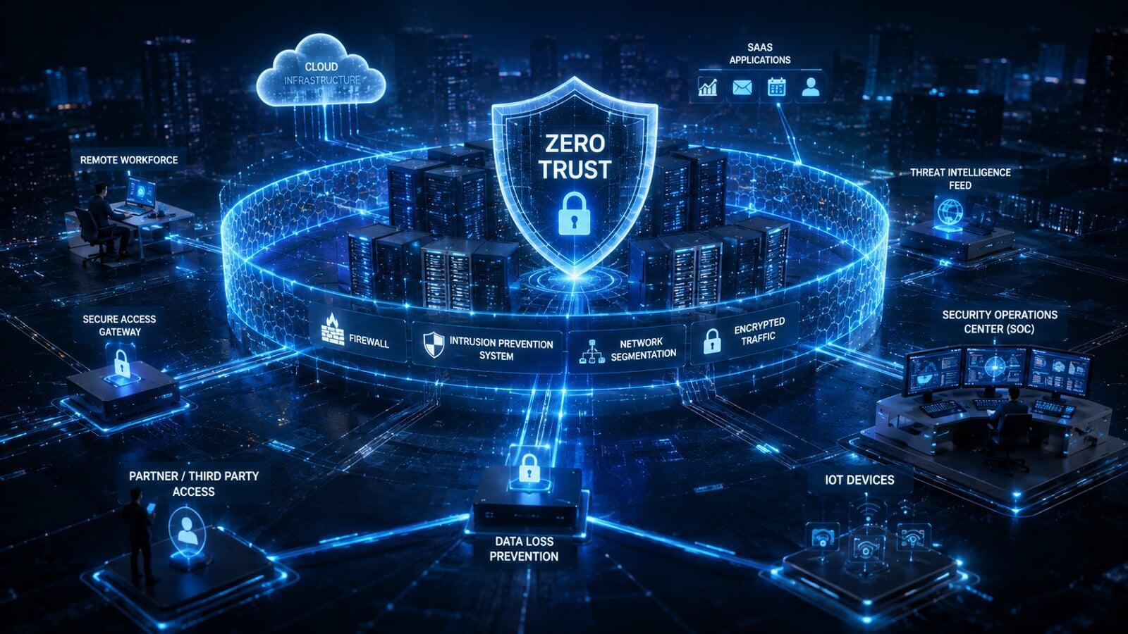 network security architecture featuring firewalls, intrusion prevention systems, secure gateways, and Zero Trust protection for enterprise infrastructure.
