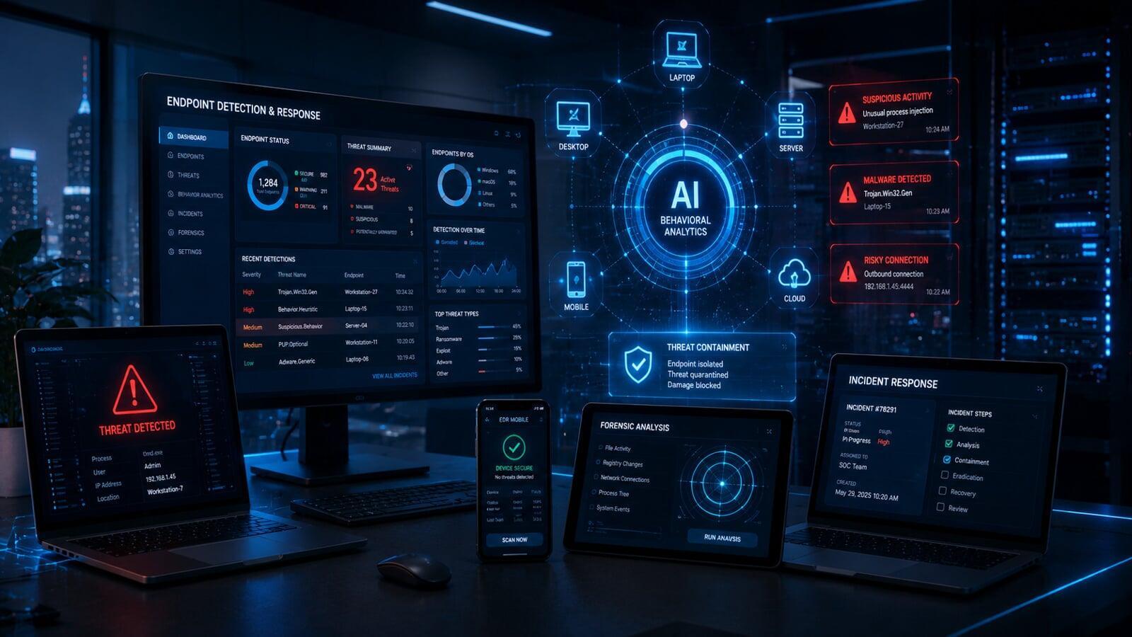 Endpoint Detection and Response platform monitoring laptops, servers, and devices in real time to detect suspicious activity and cyber threats.