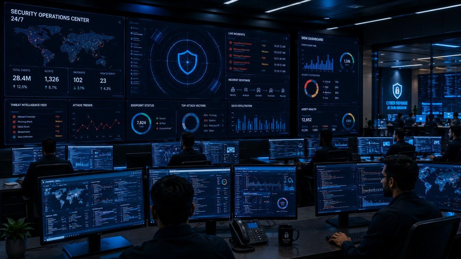 Security Operations Center analysts monitoring SIEM dashboards and threat intelligence platforms to investigate and respond to cybersecurity incidents.