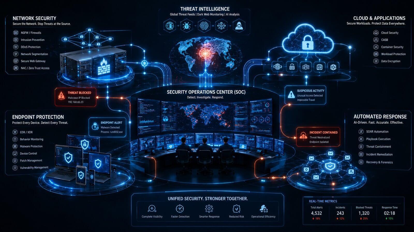 Integrated cybersecurity framework combining network security, endpoint detection and response, and SOC services for unified threat protection.