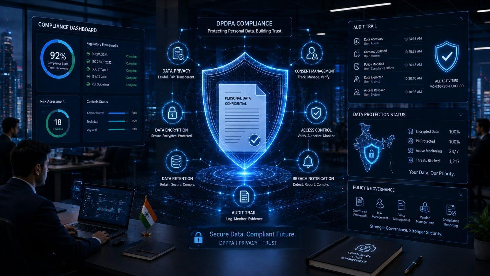 Cybersecurity compliance and data protection monitoring system supporting DPDPA requirements, breach reporting, and secure audit trails.