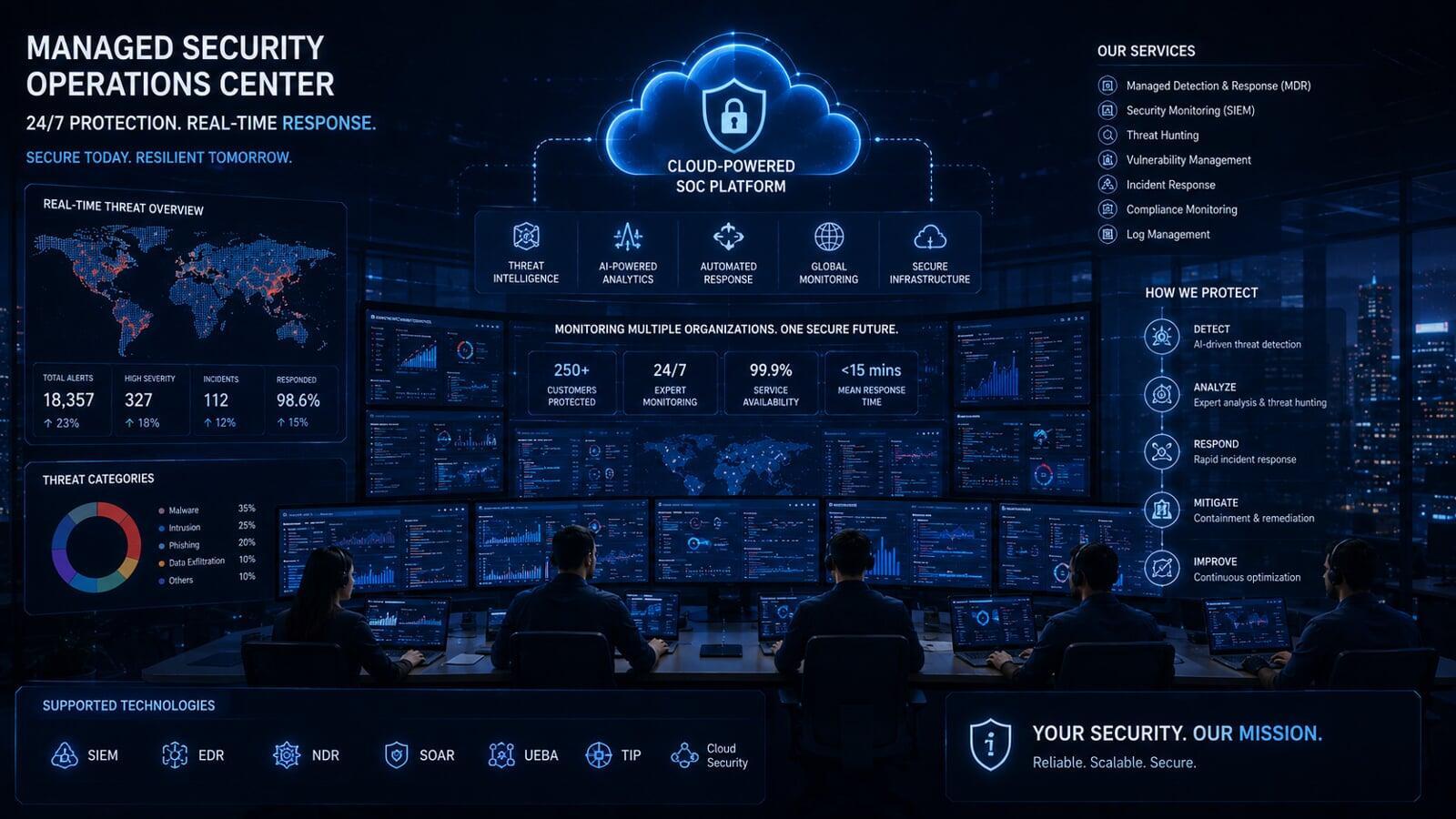 Managed SOC and cybersecurity services delivering 24/7 monitoring, threat detection, and incident response through cloud-based security platforms.