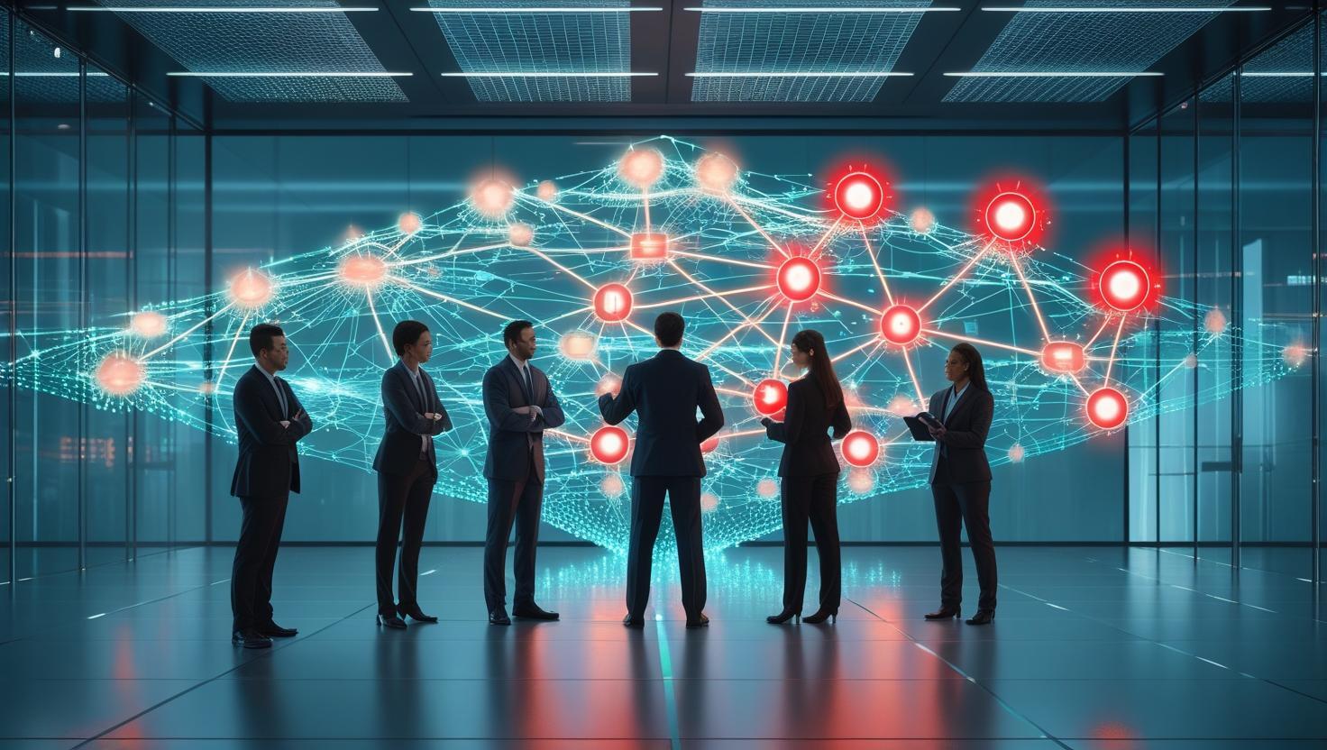 Team of cybersecurity professionals analyzing a holographic network map with red-highlighted vulnerabilities.