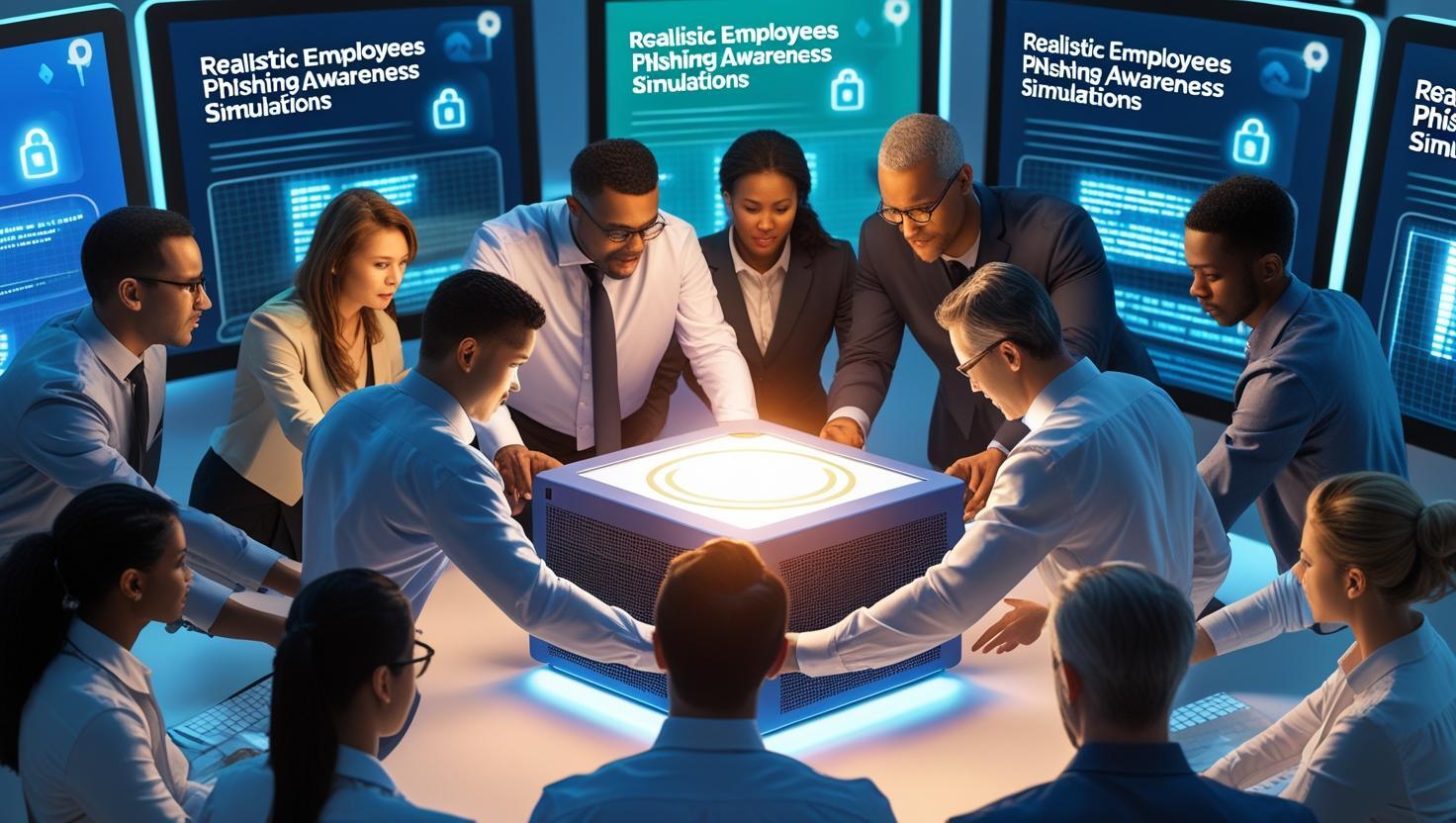 Employees in a corporate training session on phishing awareness, forming a protective chain around a secure server.