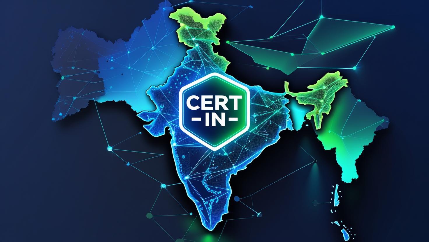 Glowing digital map of India with a shield labeled CERT-In, surrounded by sleek blue cybersecurity visuals and network defense elements.