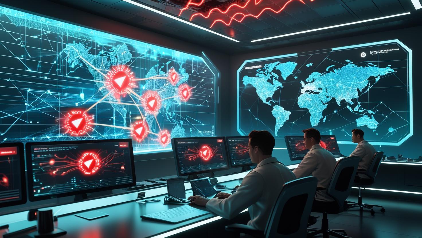 Security operations center with analysts monitoring threat alerts and automated defense shields on large digital screens.