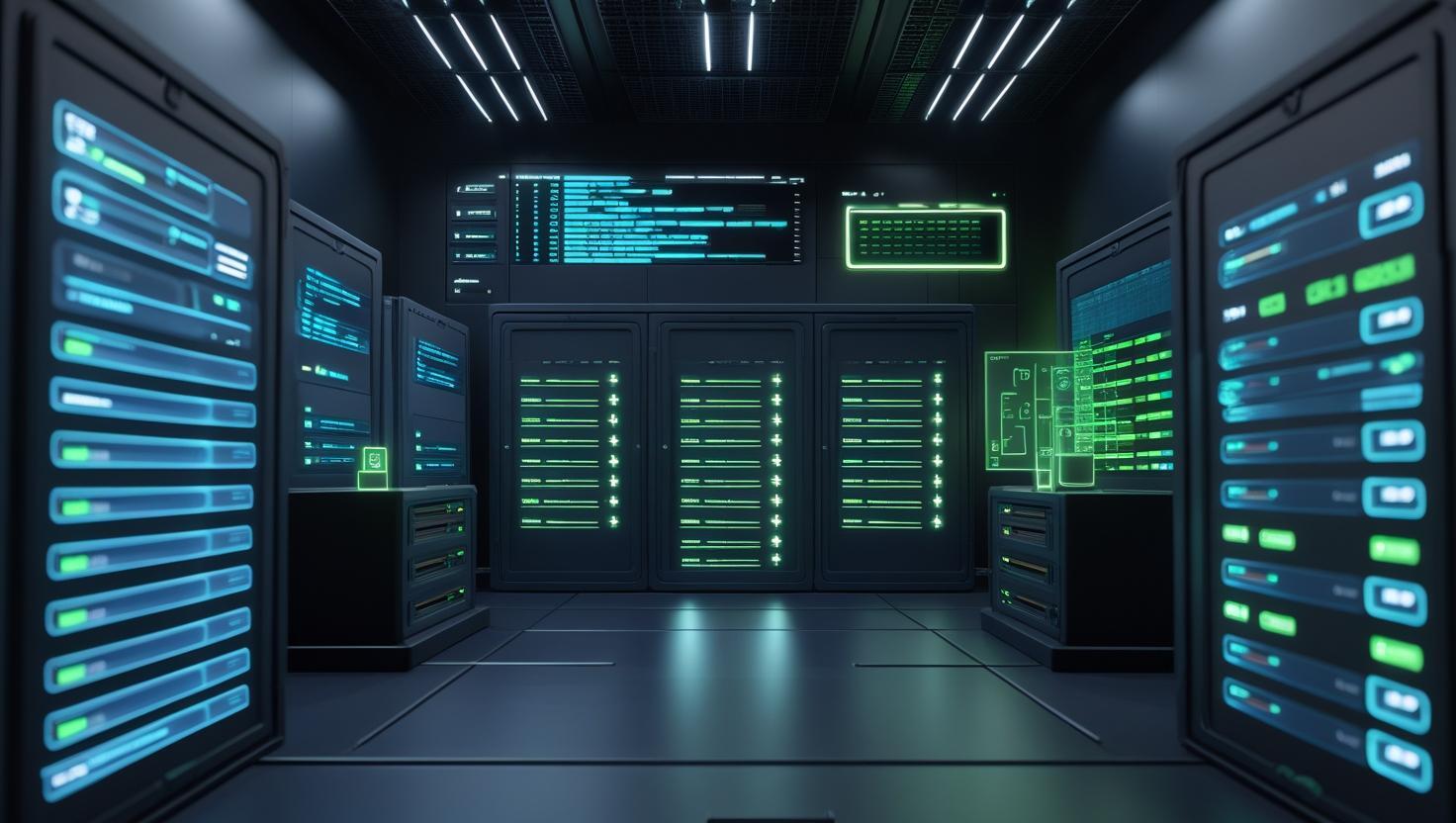 Organized digital dashboard showing centralized logs, compliance checklists, and glowing server racks.