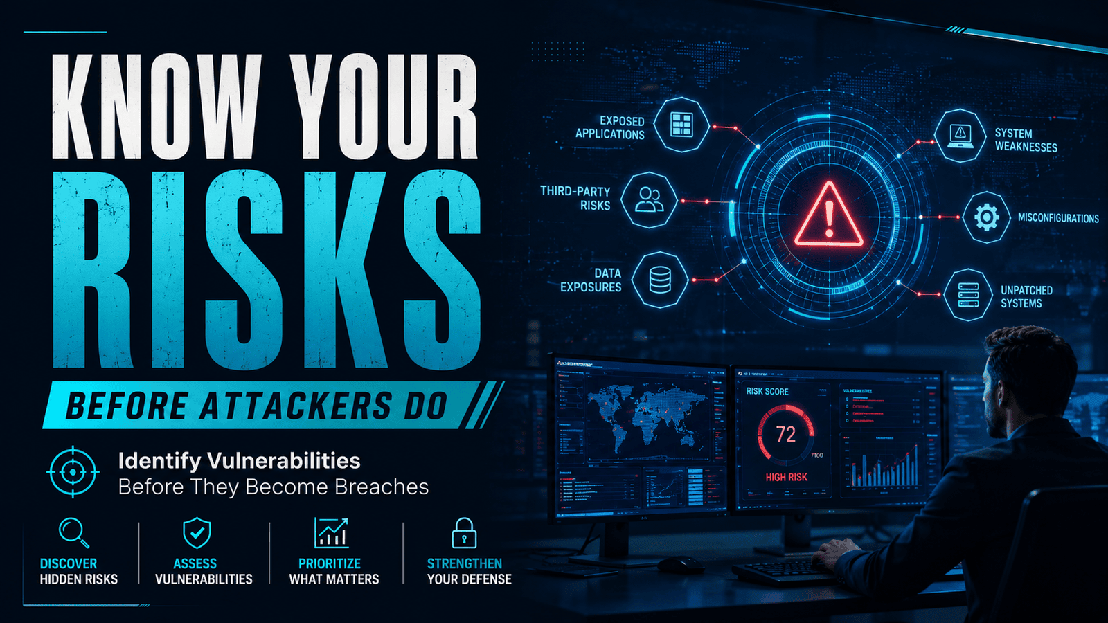 Cyber risk assessment dashboard identifying business vulnerabilities before cyber attacks and data breaches occur.