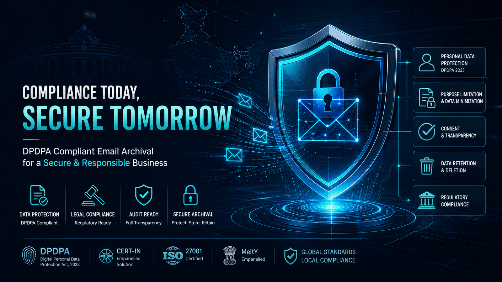 Digital compliance shield protecting email data under Indian regulations like DPDPA