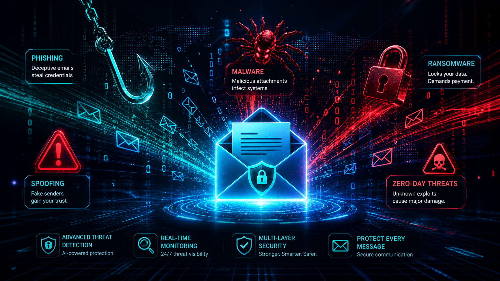 Cyber threats like phishing and malware attacking an email inbox