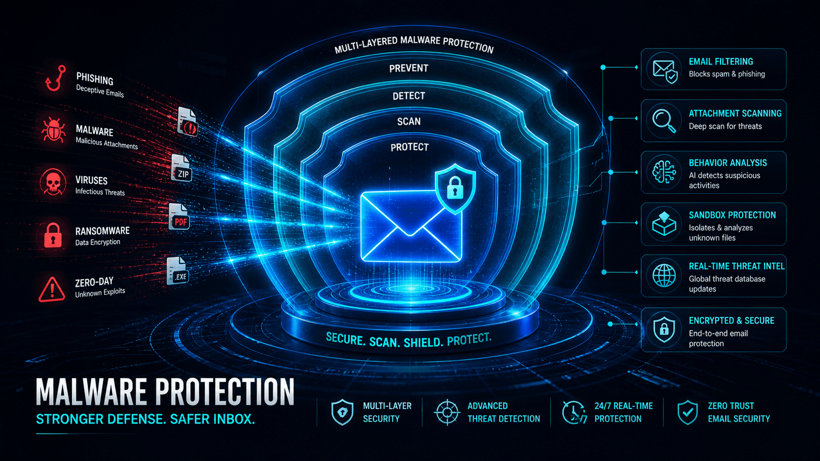 Layered email security system protecting inbox from malware using advanced cyber defenses